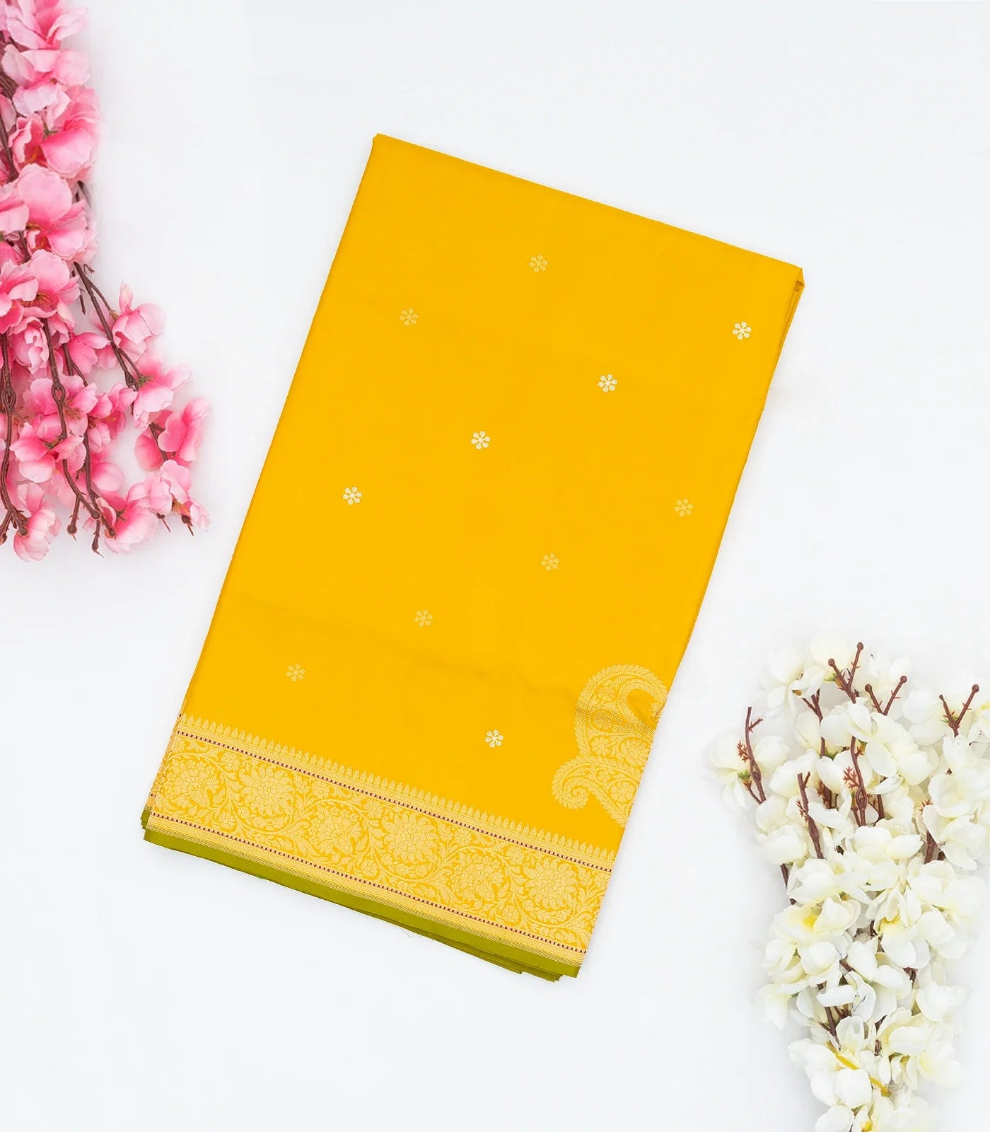 Mustard Handwoven Banarasi Silk Saree With Floral Motifs & Corner Buttas