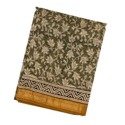 Green Handloom Chanderi Cotton Saree With Printed Floral Motifs