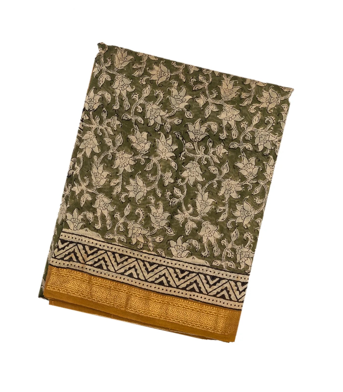 Green Handloom Chanderi Cotton Saree With Printed Floral Motifs