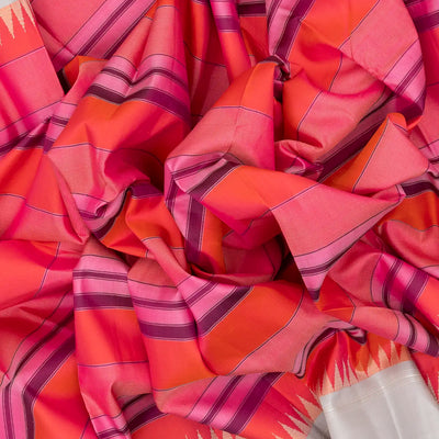 Peach & Pink Handloom Kanchipuram Korvai Silk Saree With Stripes