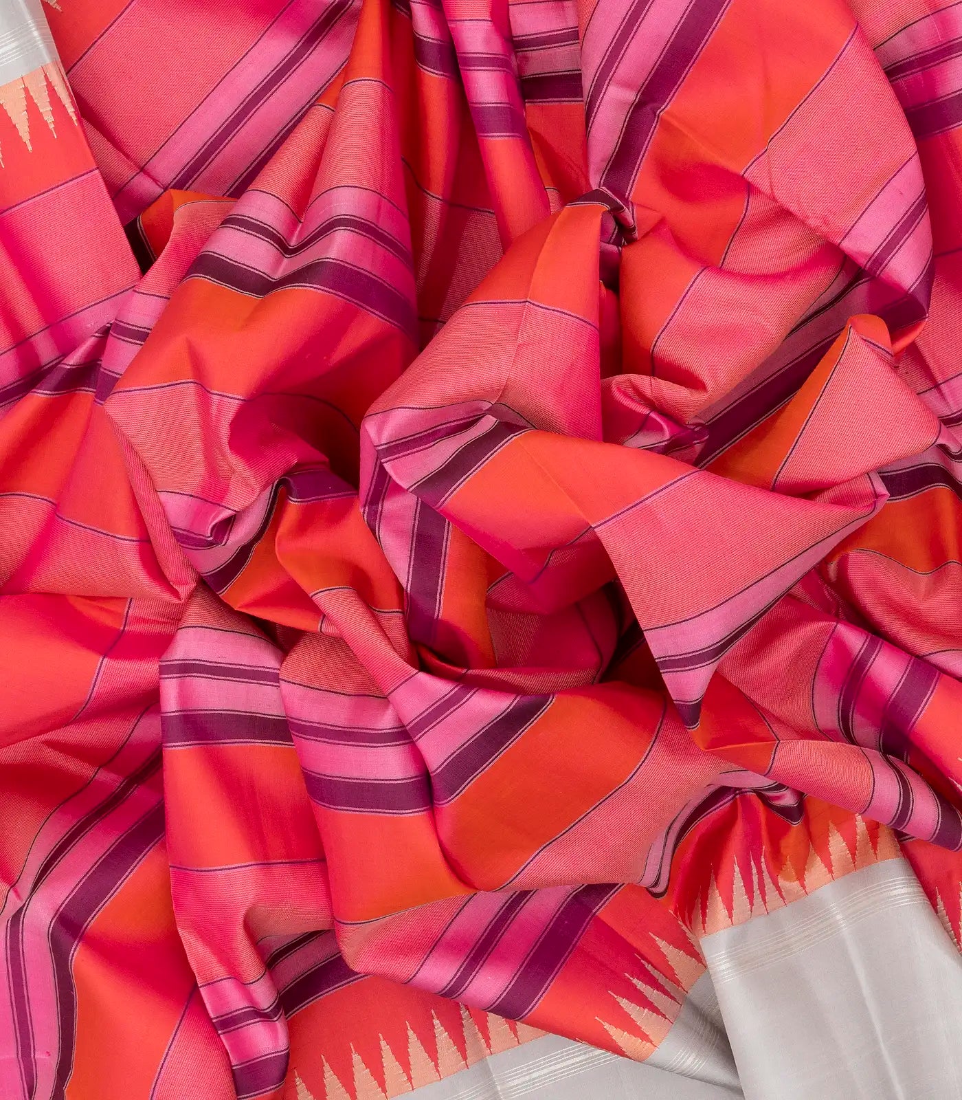 Peach & Pink Handloom Kanchipuram Korvai Silk Saree With Stripes