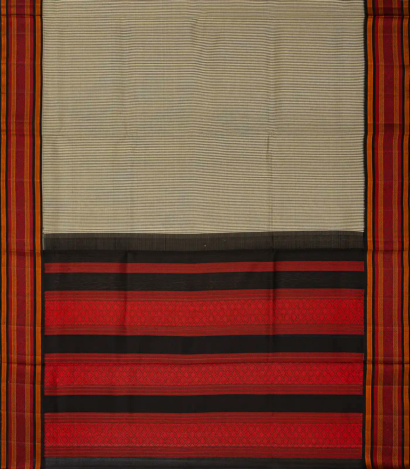 Black Handloom Kora Silk Saree With Checks & Thread Work Border