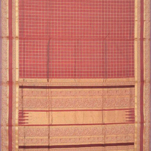 Peach Handloom Silk Cotton Saree With Zari Checks