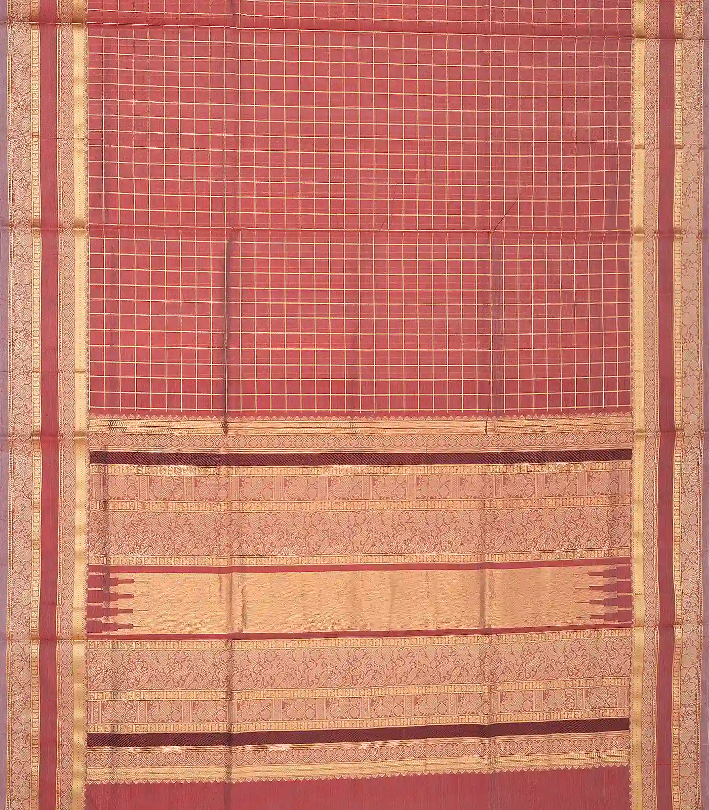 Peach Handloom Silk Cotton Saree With Zari Checks