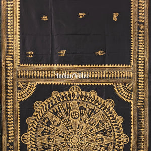 Black Tribal Konark Chakra Hand-Painted Pattachitra Saree