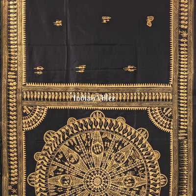 Black Tribal Konark Chakra Hand-Painted Pattachitra Saree