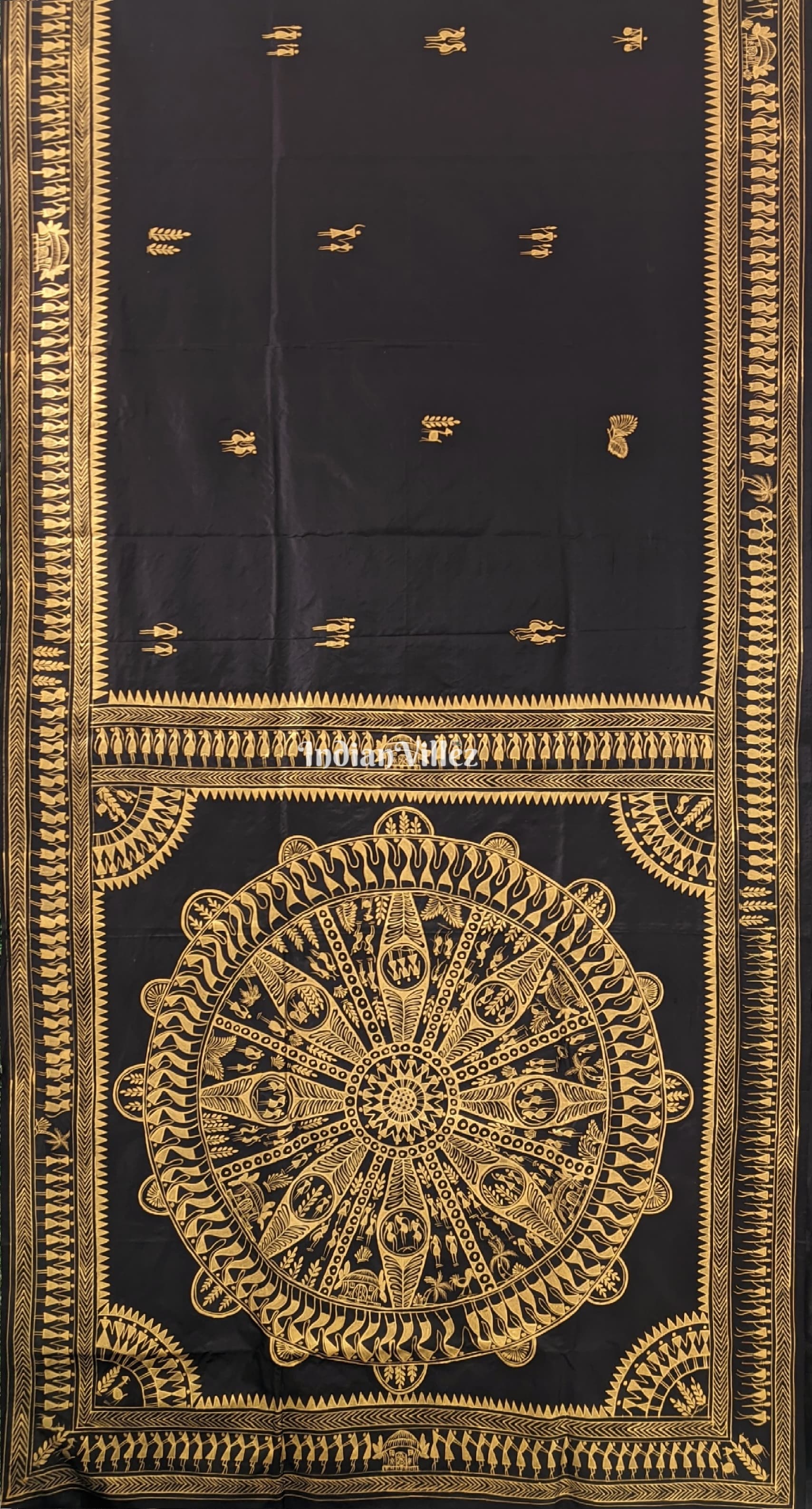 Black Tribal Konark Chakra Hand-Painted Pattachitra Saree