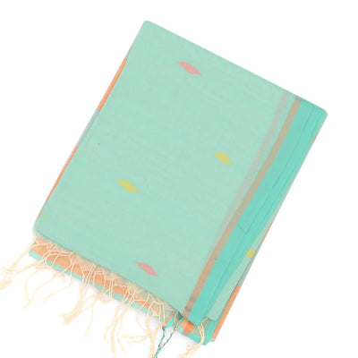 Turquoise Bengal Cotton Saree And Diamond Motifs