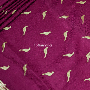 Wine Parrot Motif Pure Banarasi Katan Silk Saree