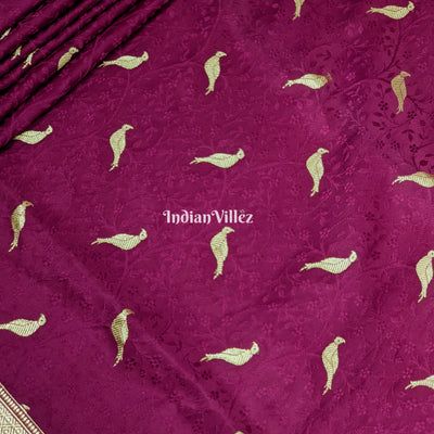 Wine Parrot Motif Pure Banarasi Katan Silk Saree