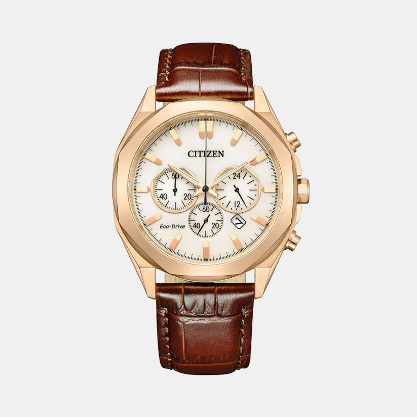 Eco-Drive Men Eco-Drive White Dial Chronograph Leather Watch CA4593-15A