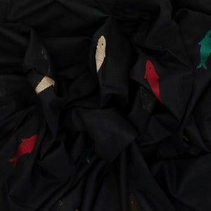 Black Handloom Bengal Cotton Saree With Fish Motifs