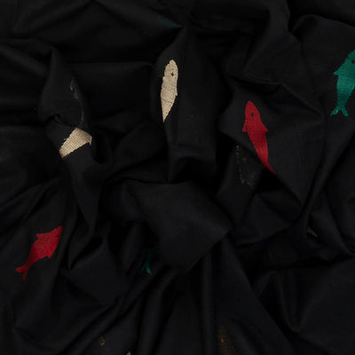Black Handloom Bengal Cotton Saree With Fish Motifs