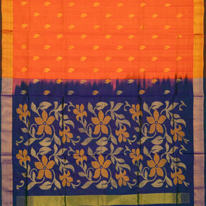 Orange Handloom Uppada Silk Saree With Floral Buttas & Navy Pallu