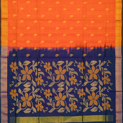 Orange Handloom Uppada Silk Saree With Floral Buttas & Navy Pallu