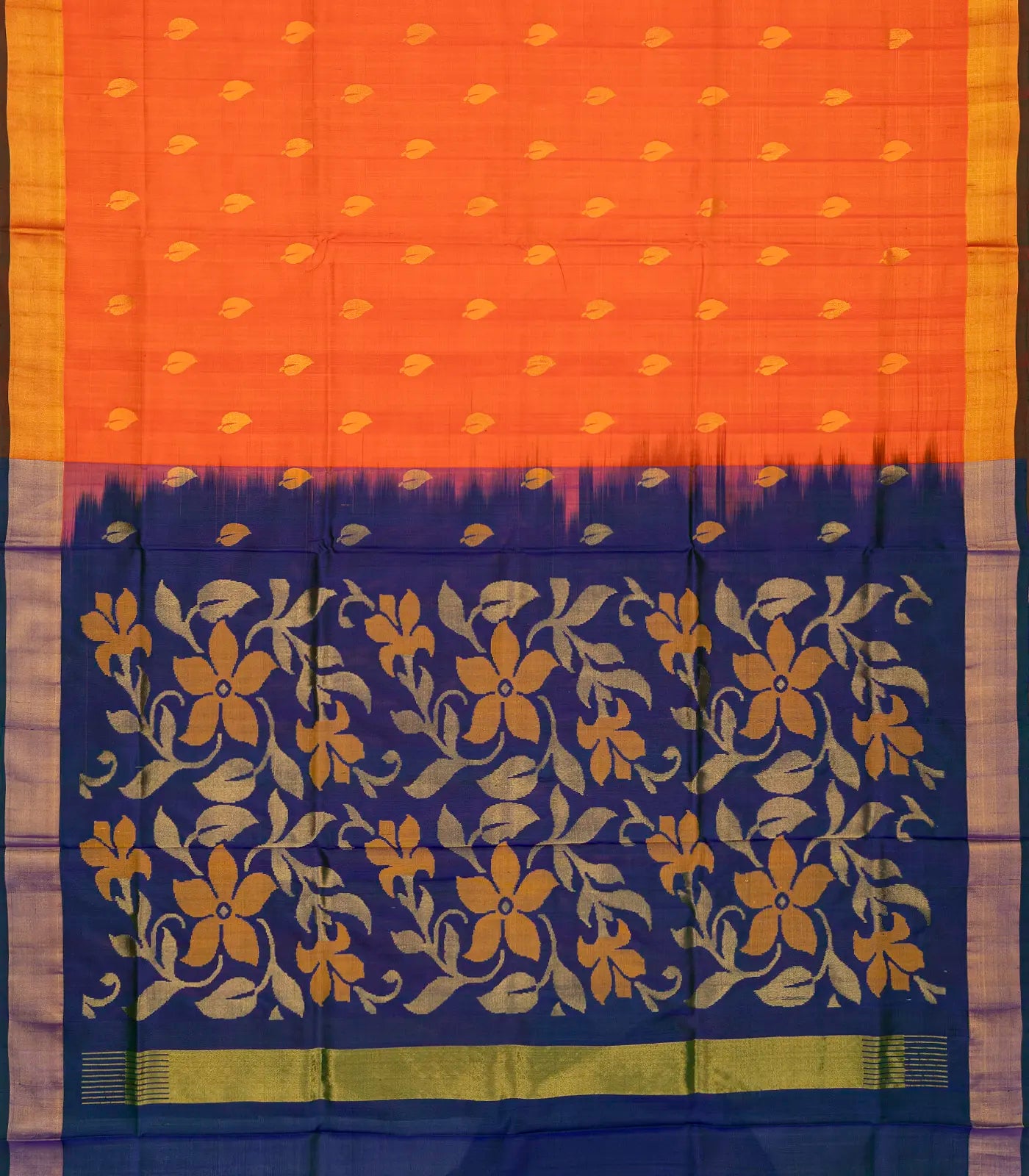 Orange Handloom Uppada Silk Saree With Floral Buttas & Navy Pallu
