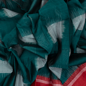Teal Bengal Cotton Saree With Printed Checks