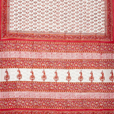 White Woven Jaipur Cotton Saree Printed With Red Floral  Motifs