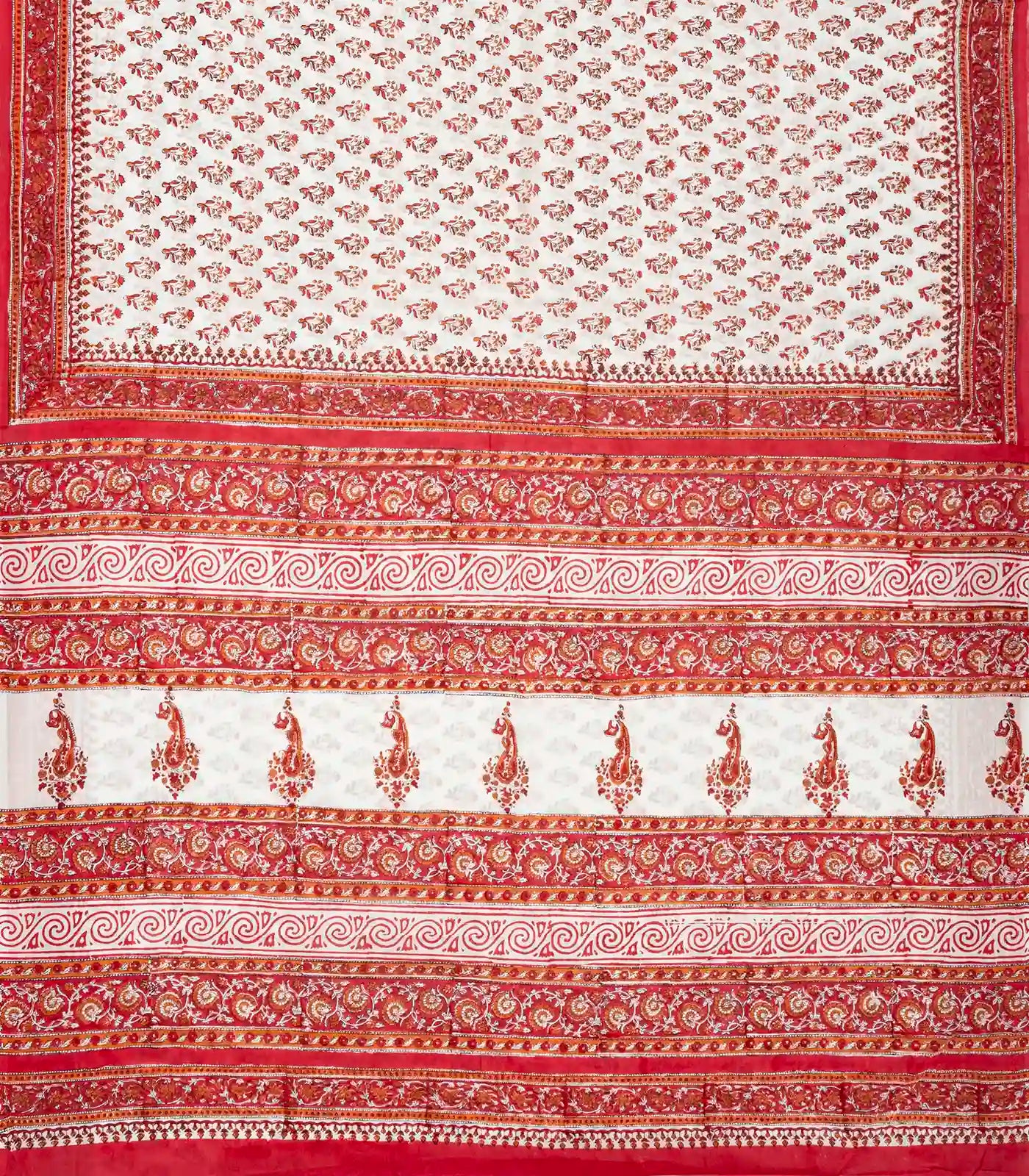 White Woven Jaipur Cotton Saree Printed With Red Floral  Motifs