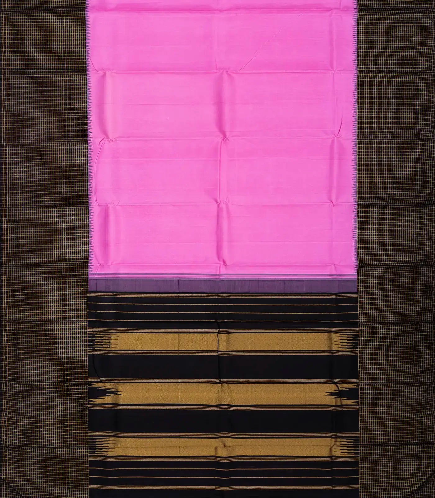 Bubble-gum Pink Handloom Kanchipuram Korvai Silk Saree With Black Border