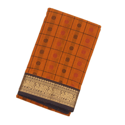 Mustard Handloom Kanchi Cotton Saree With Checks & Chakaram Motifs.