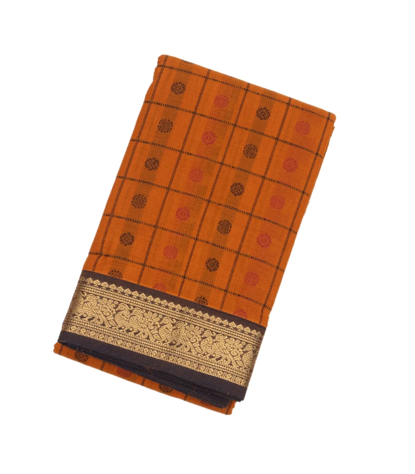 Mustard Handloom Kanchi Cotton Saree With Checks & Chakaram Motifs.
