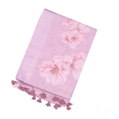 Bubblegum Pink Handloom Linen Saree With Printed Floral Motifs