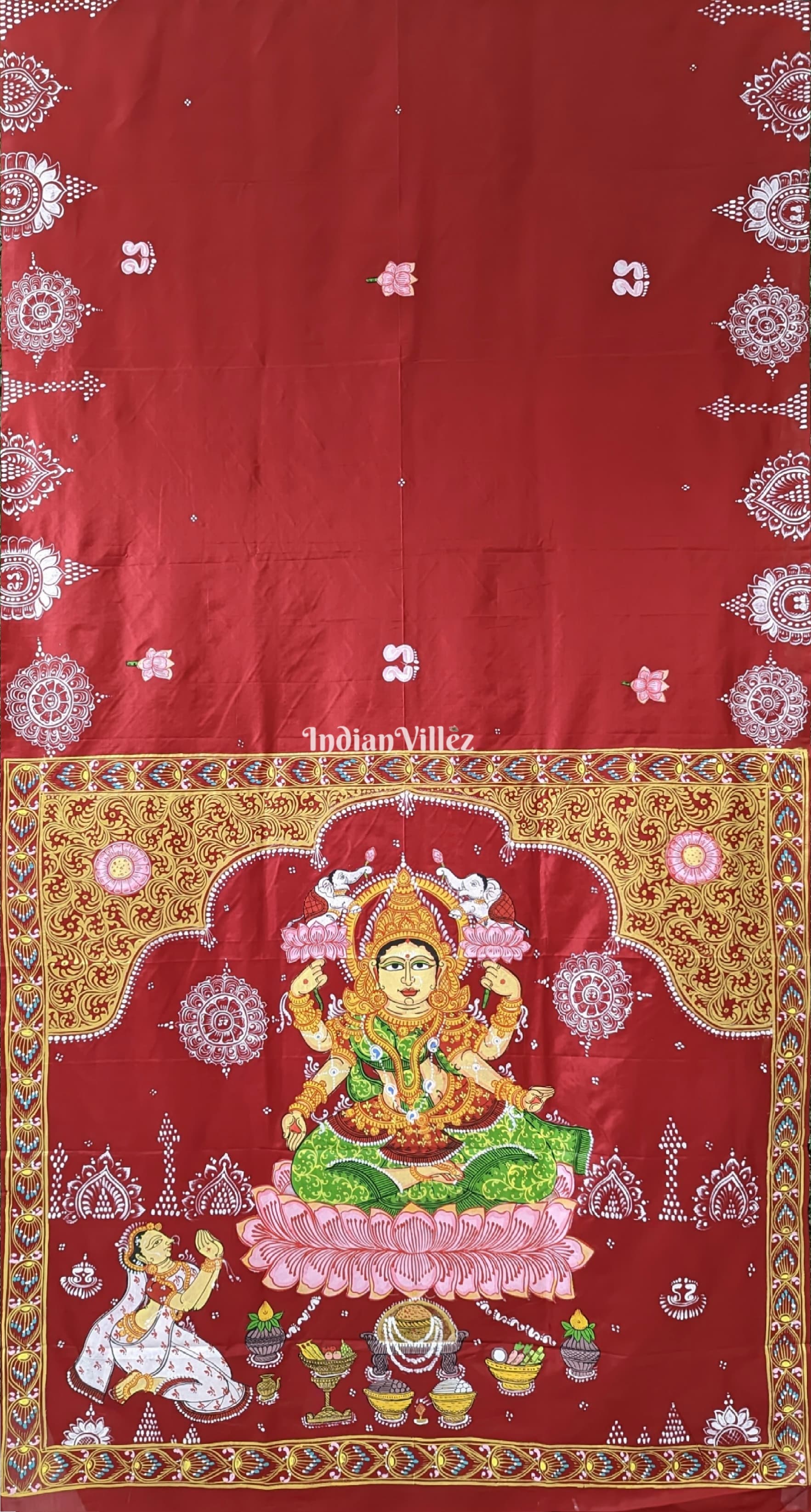 Maroon Maa Laxmi Hand-Painted Pattachitra Saree