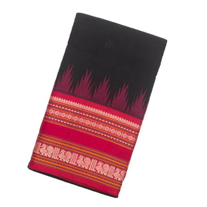 Black Handloom Korvai Kanchi Cotton Saree With Annam And Rudaksham Motifs in A Pink Border