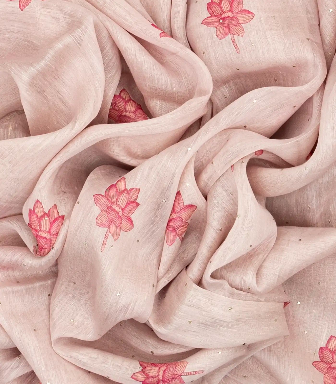 Baby Pink Handwoven Linen Saree With Floral Print