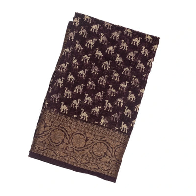 Dark Brown Woven Chanderi Cotton Saree With Printed Camel Motifs
