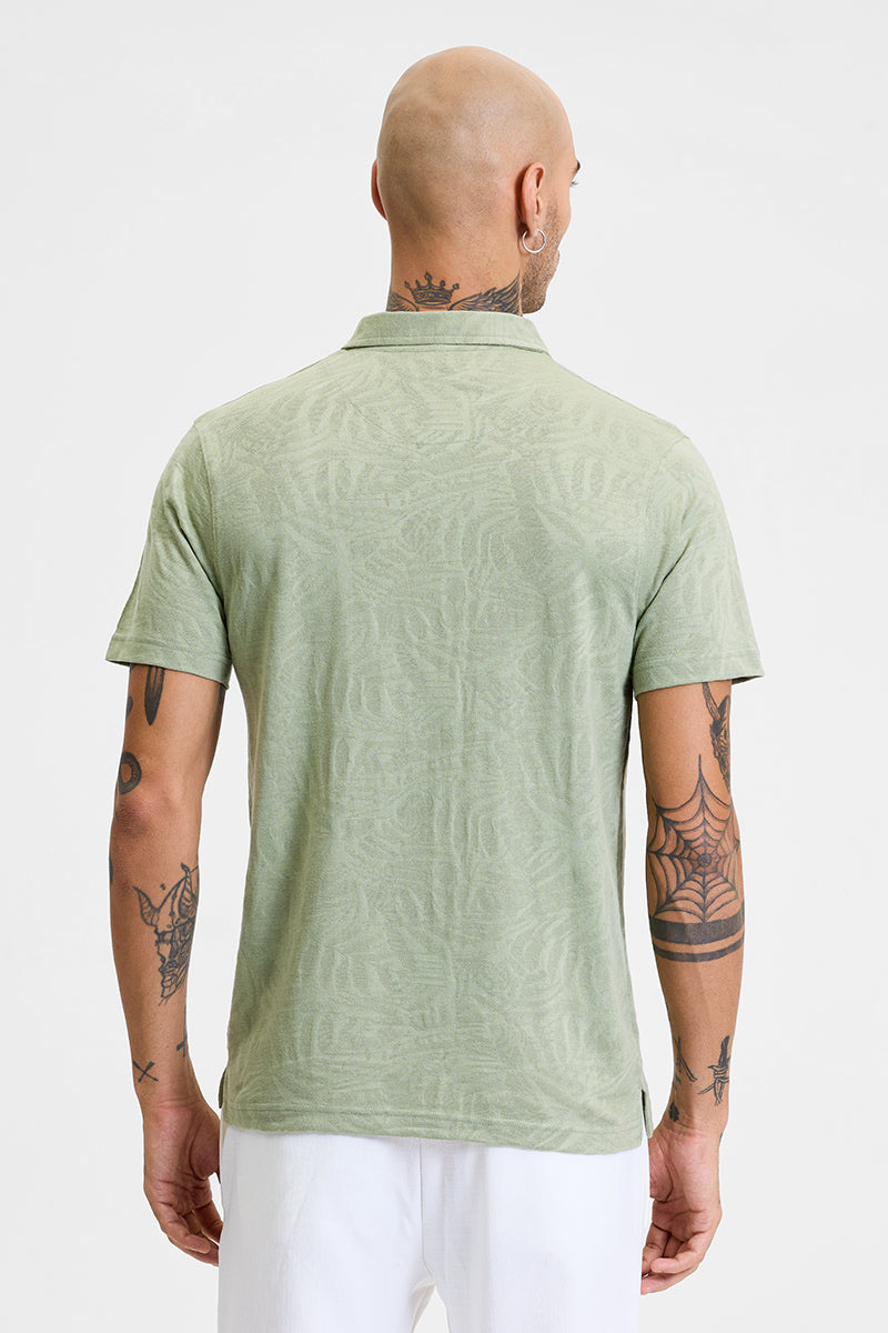 Light Green Self-Design Zipper Polo T-Shirt