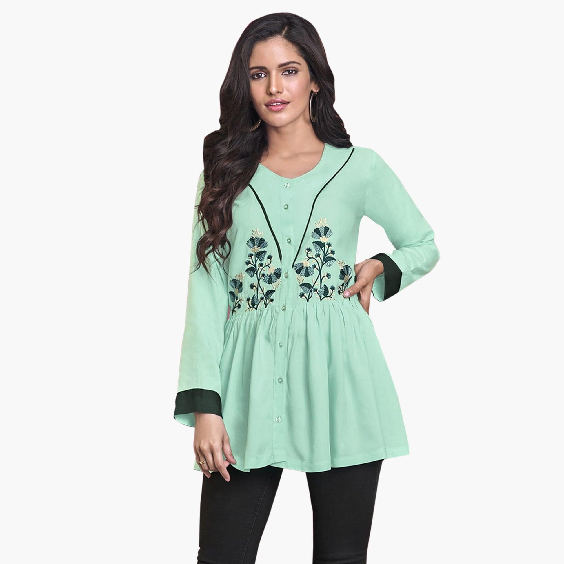 Capricious Aqua Green Colored Partywear Embroidered Rayon Western Top