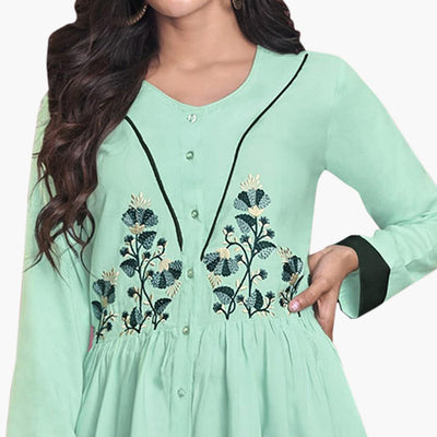 Capricious Aqua Green Colored Partywear Embroidered Rayon Western Top