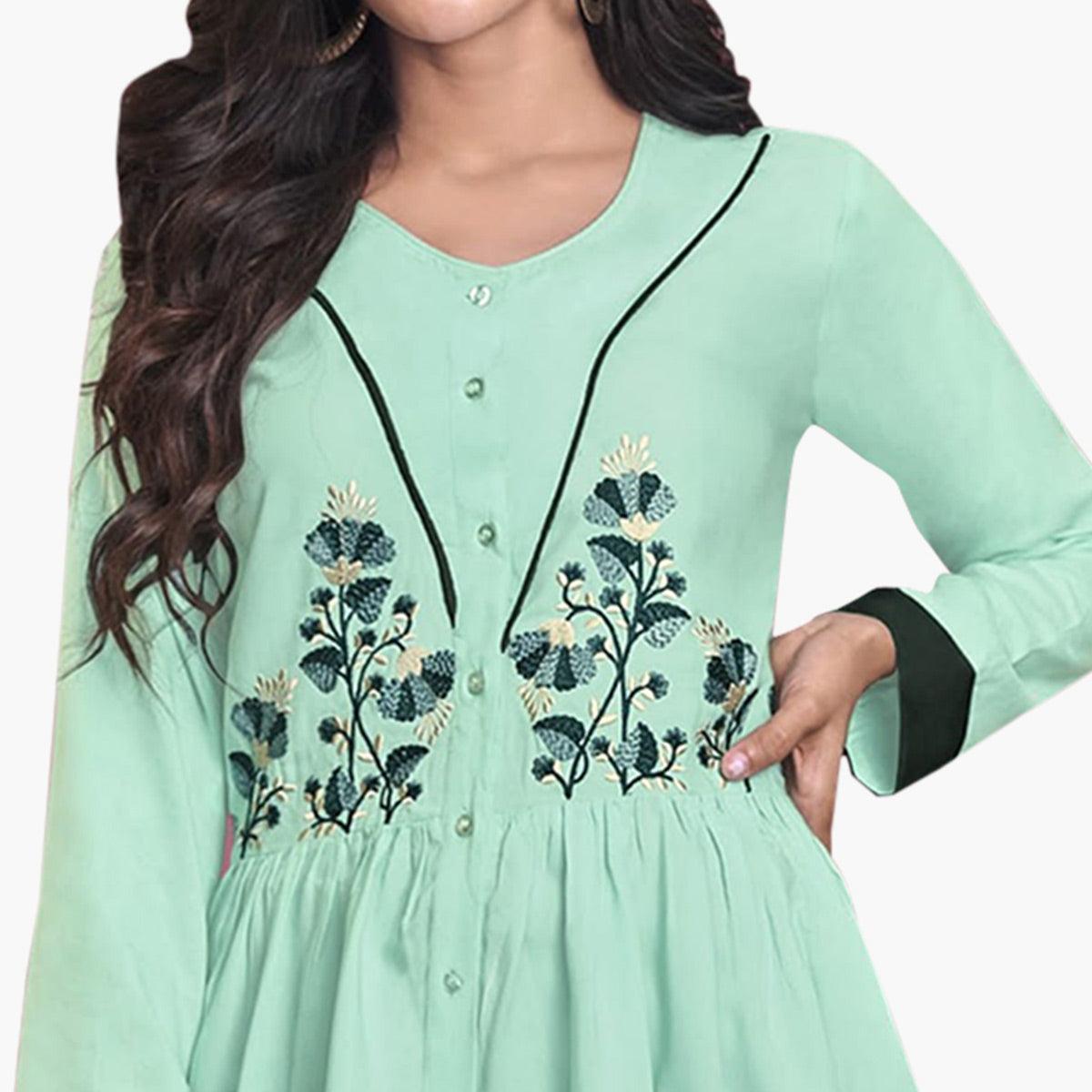 Capricious Aqua Green Colored Partywear Embroidered Rayon Western Top