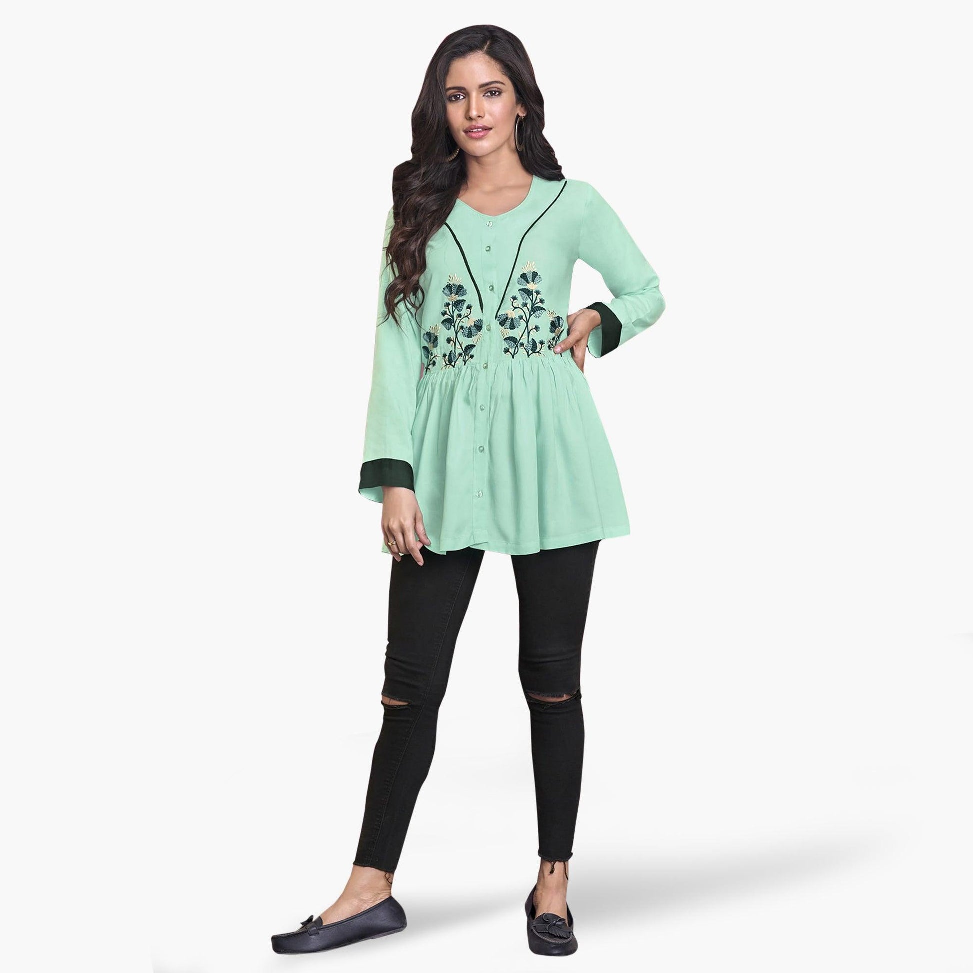 Capricious Aqua Green Colored Partywear Embroidered Rayon Western Top