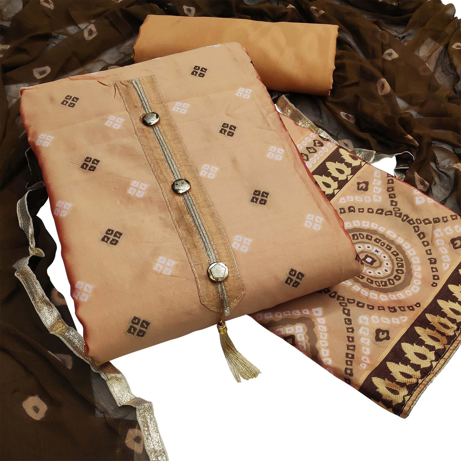 Capricious Beige Colored Festive Wear Woven Heavy Banarasi Silk Dress Material