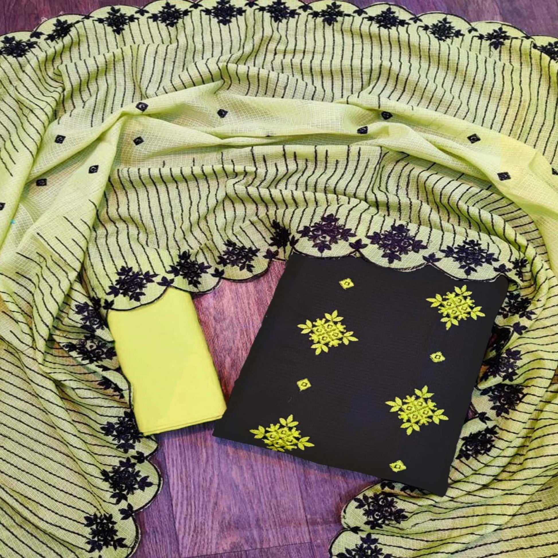 Capricious Black - Green Colored Casual Wear Embroidered Kota Chex Dress Material