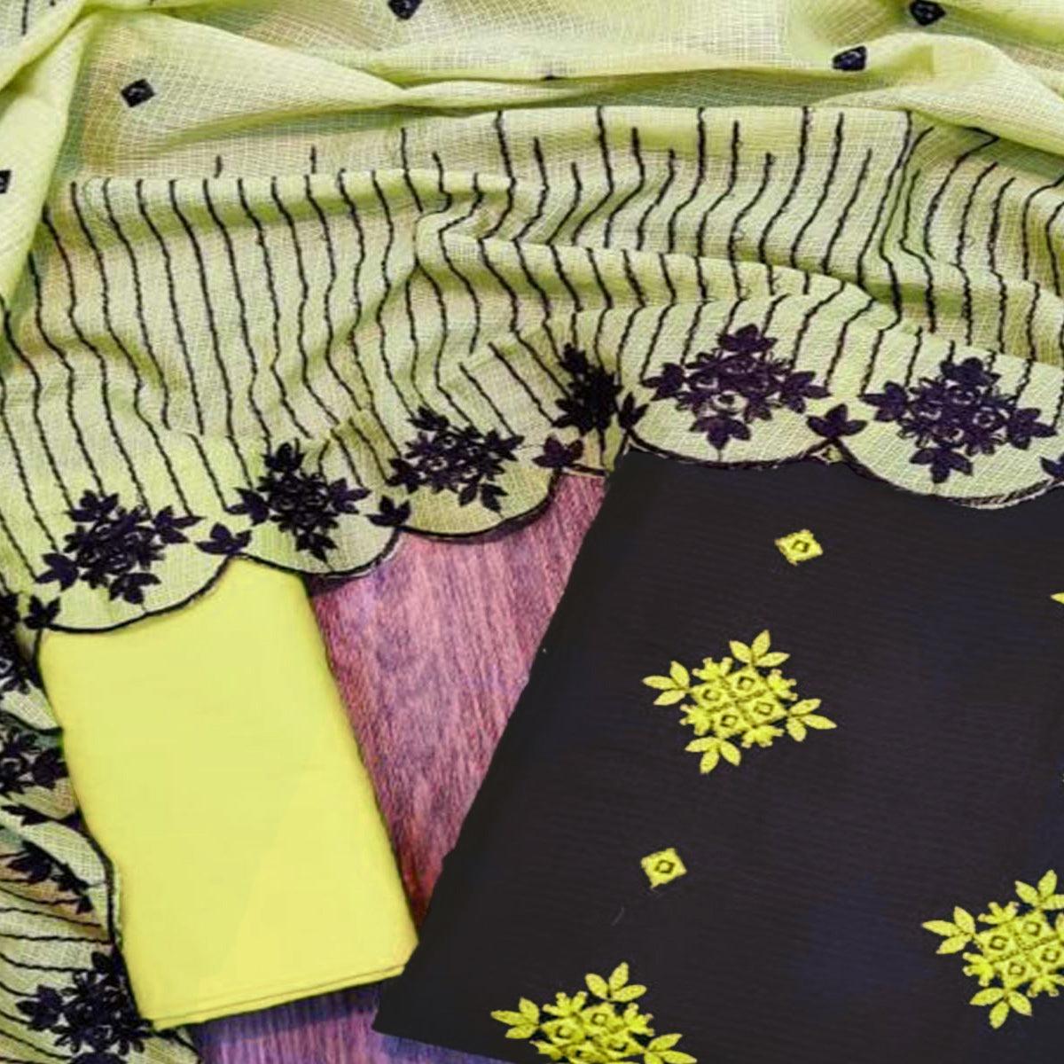 Capricious Black - Green Colored Casual Wear Embroidered Kota Chex Dress Material