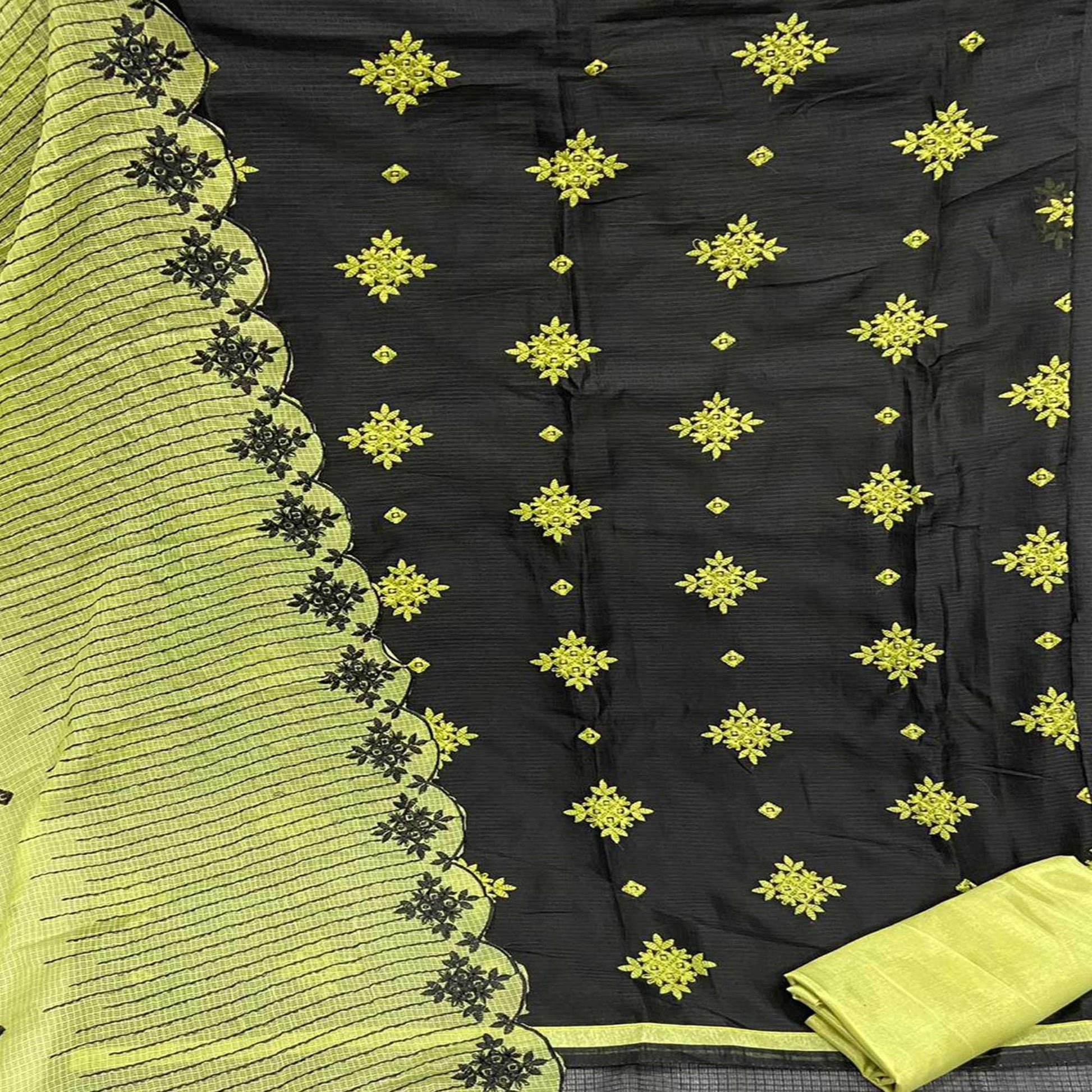 Capricious Black - Green Colored Casual Wear Embroidered Kota Chex Dress Material