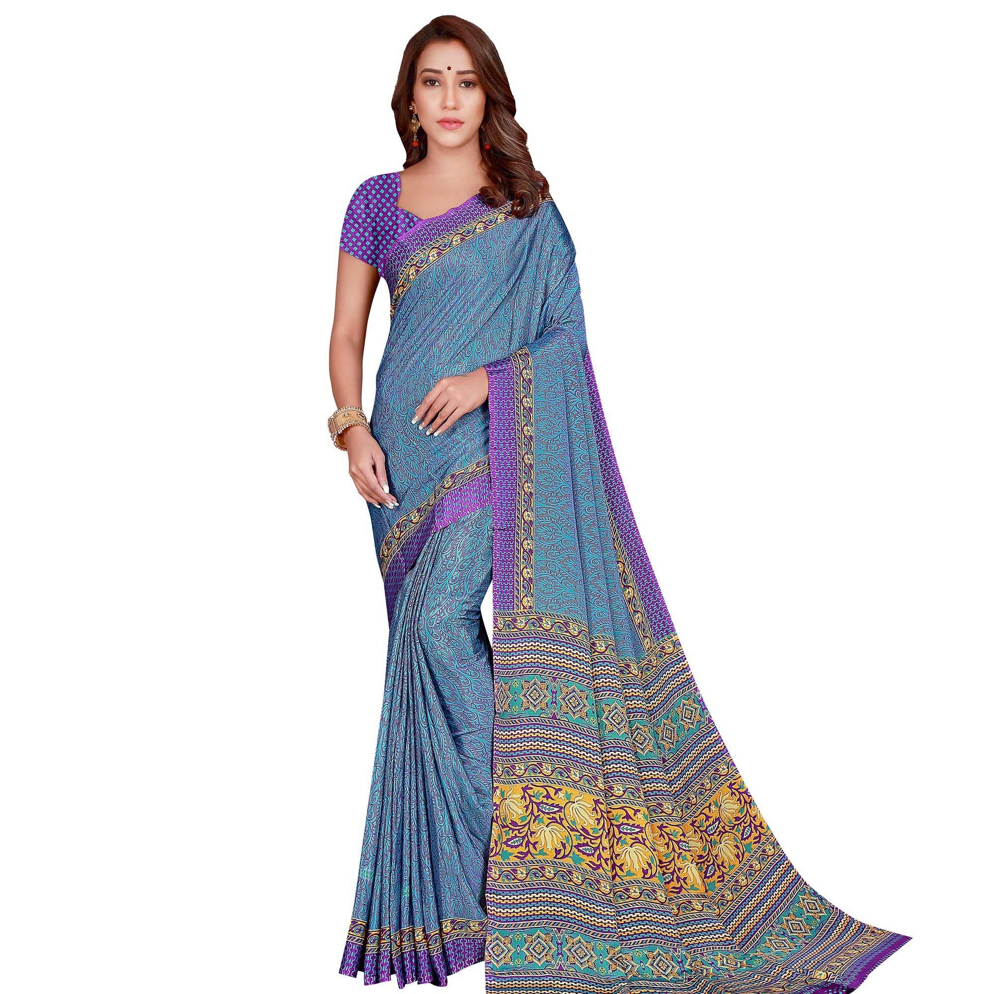 Capricious Blue Colored Casual Wear Printed Silk Crepe Saree