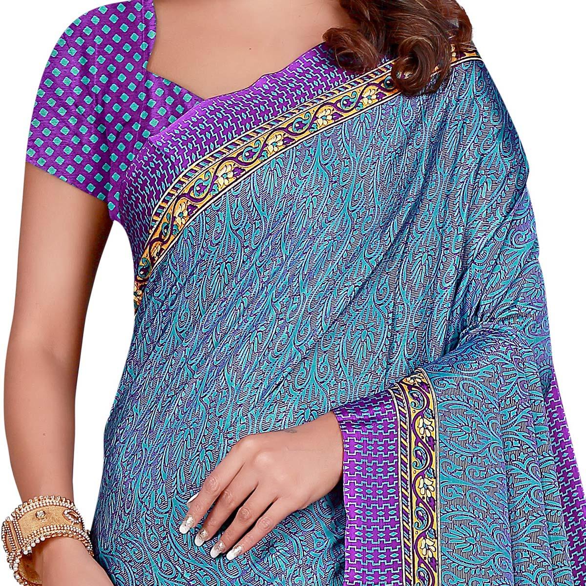 Capricious Blue Colored Casual Wear Printed Silk Crepe Saree