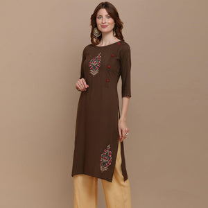 Capricious Brown Colored Partywear Embroidered Rayon Kurti