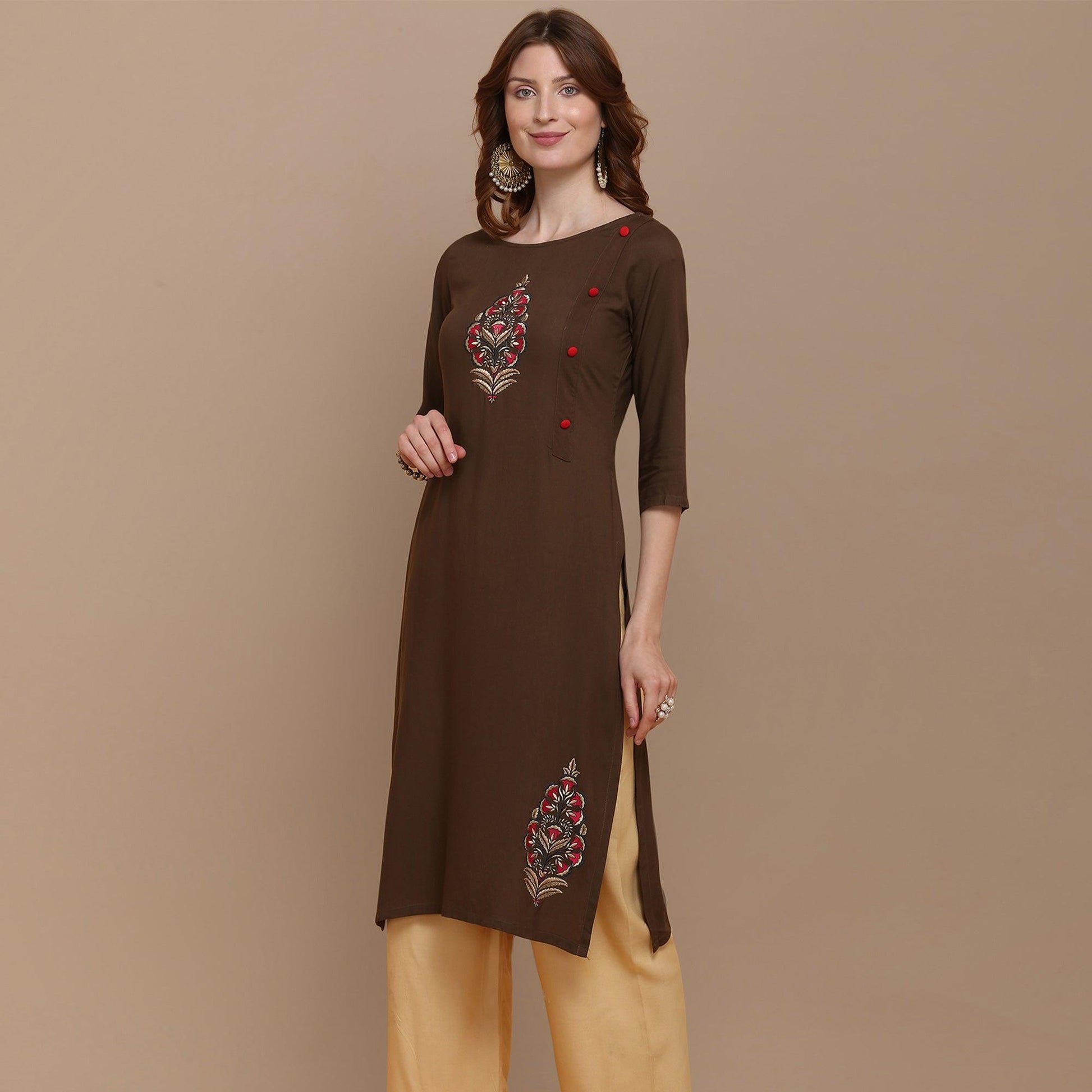 Capricious Brown Colored Partywear Embroidered Rayon Kurti