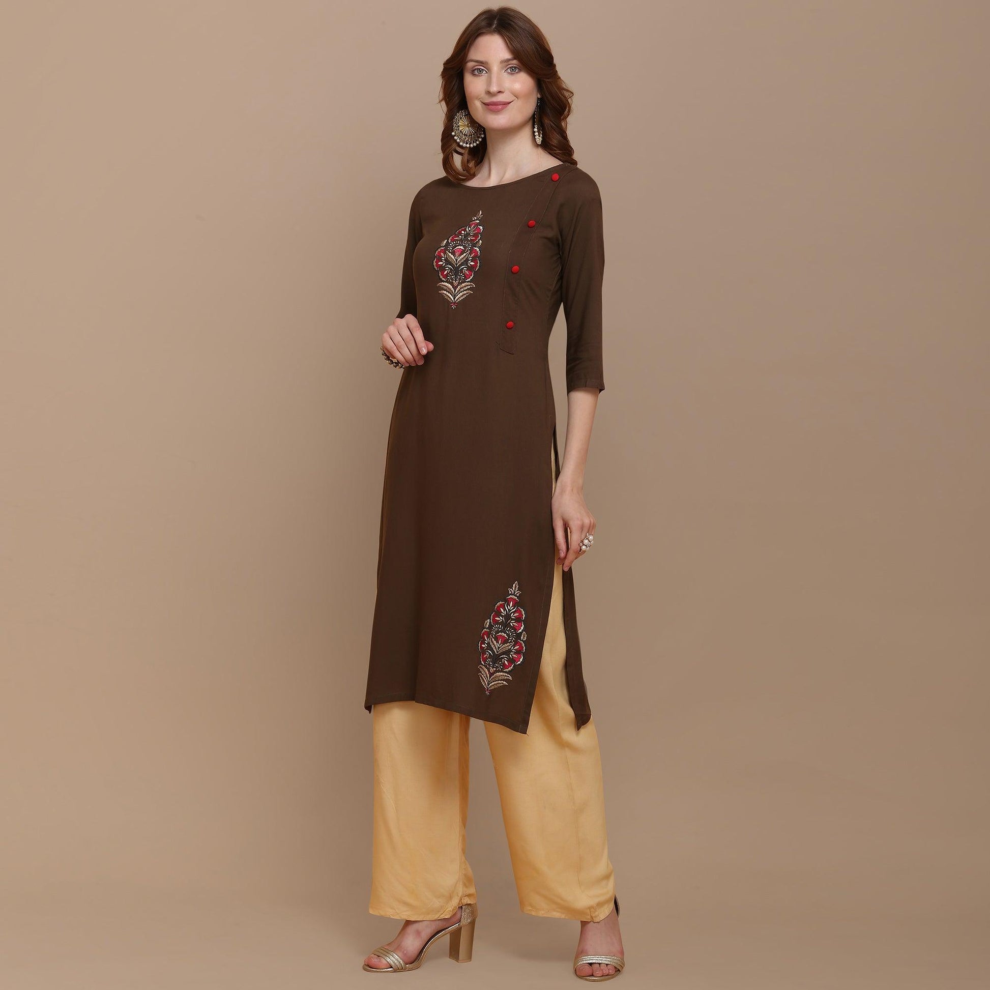 Capricious Brown Colored Partywear Embroidered Rayon Kurti
