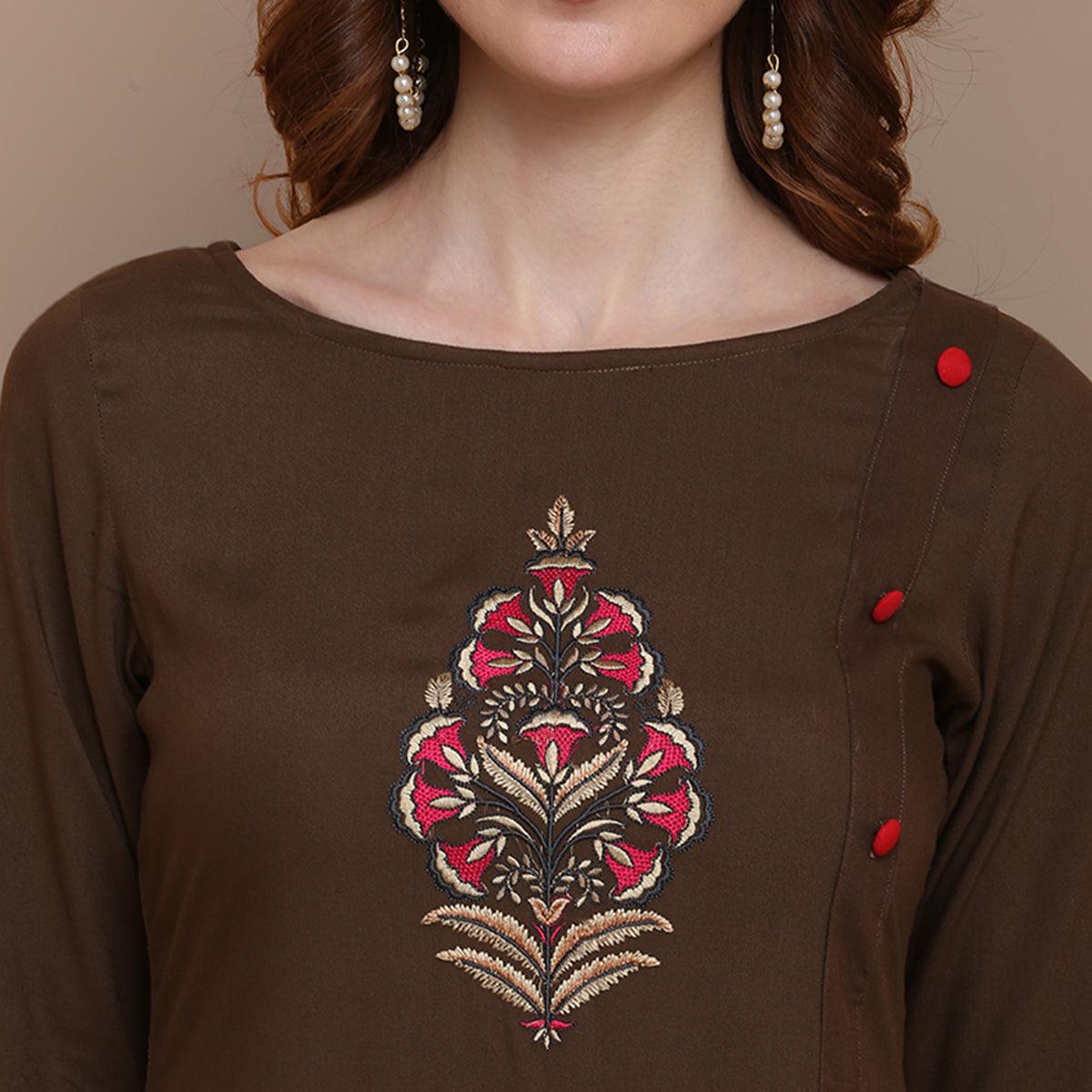 Capricious Brown Colored Partywear Embroidered Rayon Kurti