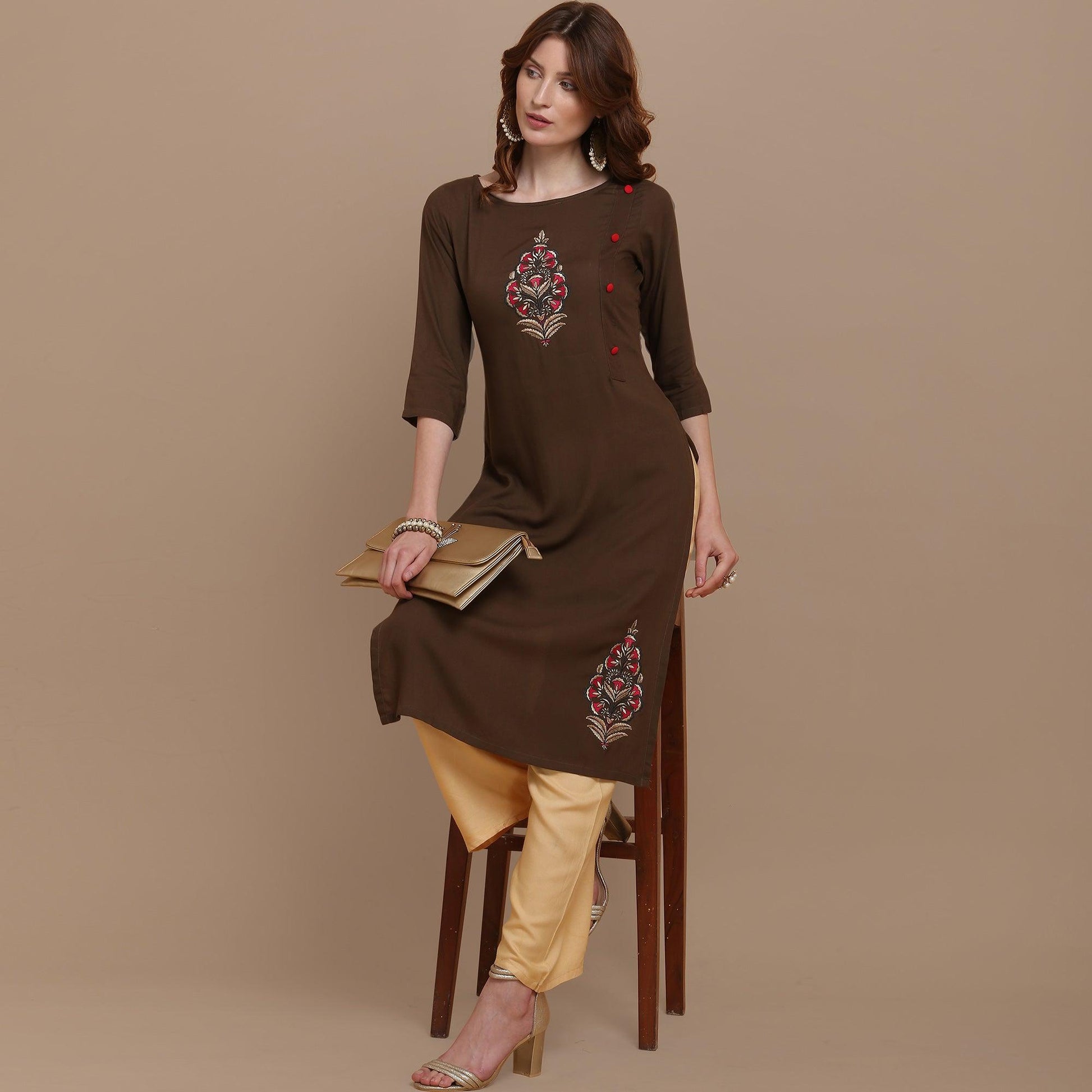 Capricious Brown Colored Partywear Embroidered Rayon Kurti