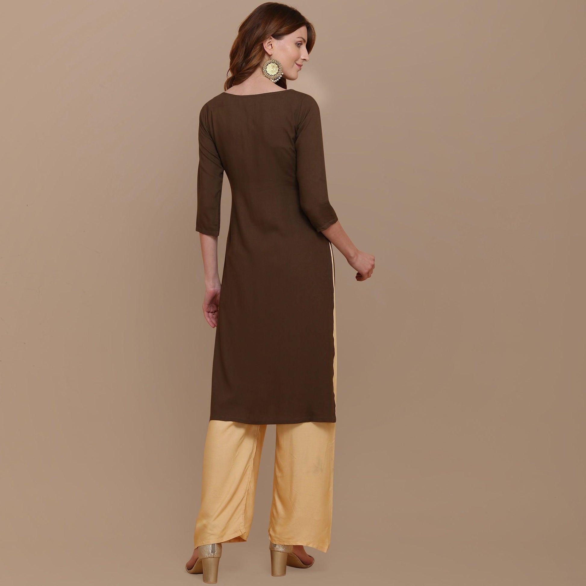 Capricious Brown Colored Partywear Embroidered Rayon Kurti
