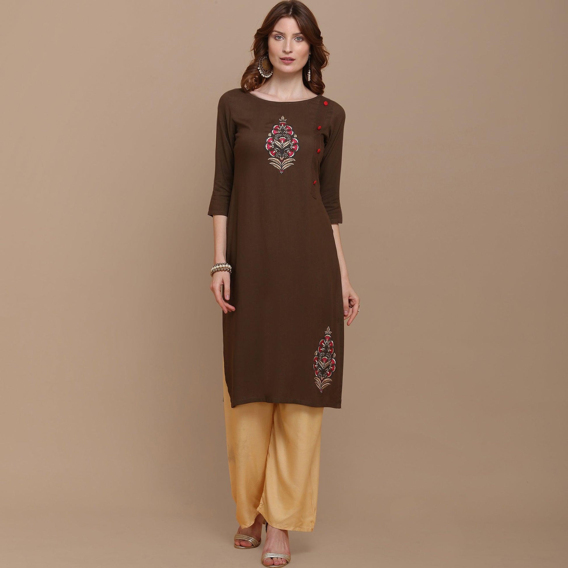 Capricious Brown Colored Partywear Embroidered Rayon Kurti