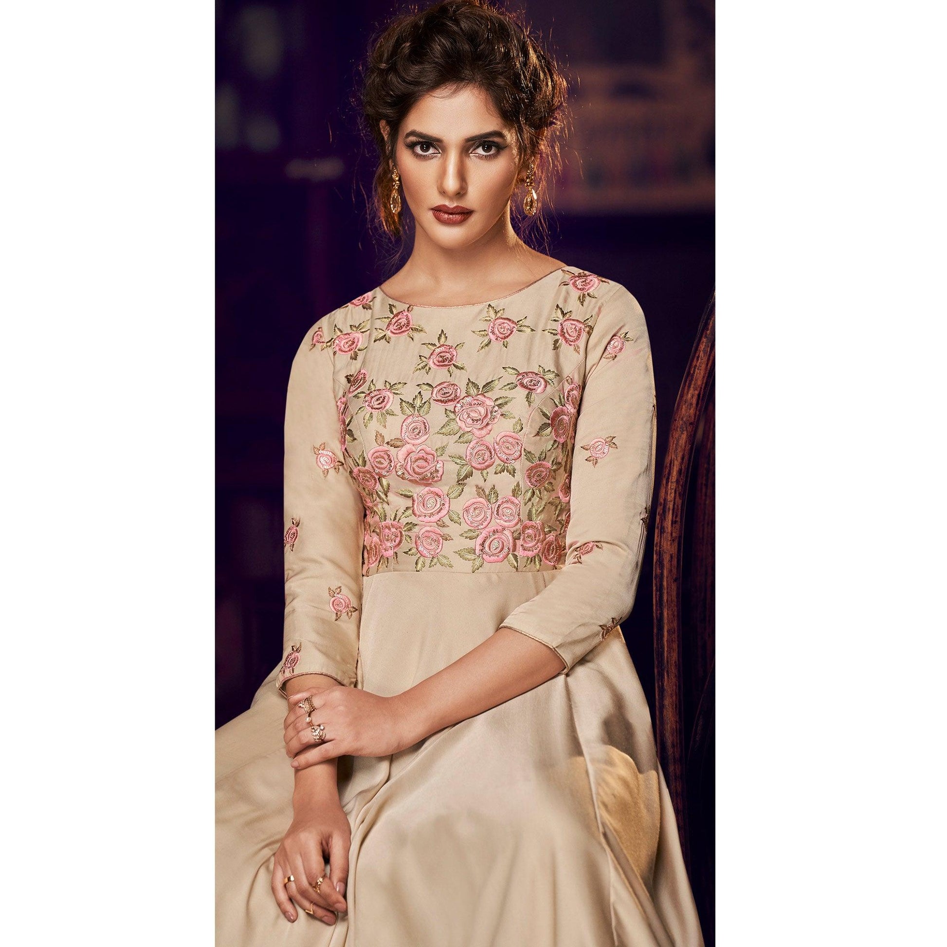 Capricious Chiku Colored Partywear Embroidered Modal Satin Gown With Dupatta